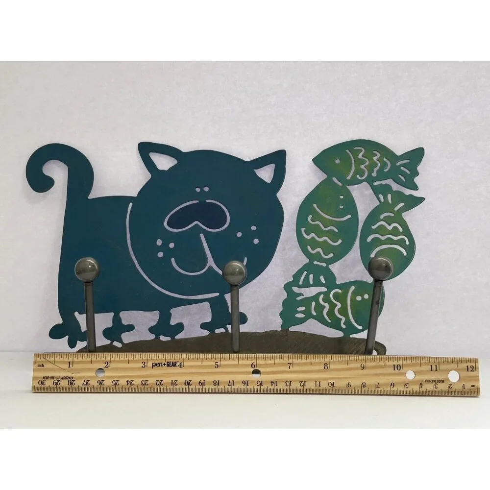Kitty Cat & Fish Metal Wall Hook Decor Key Pet Leash Towel Hat Holder Whimsical